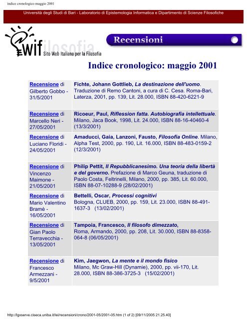 indice cronologico maggio 2001 - Swif - Università degli Studi di Bari