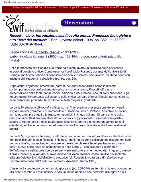 Comunitarismo e liberalismo - Swif - Università degli Studi di Bari