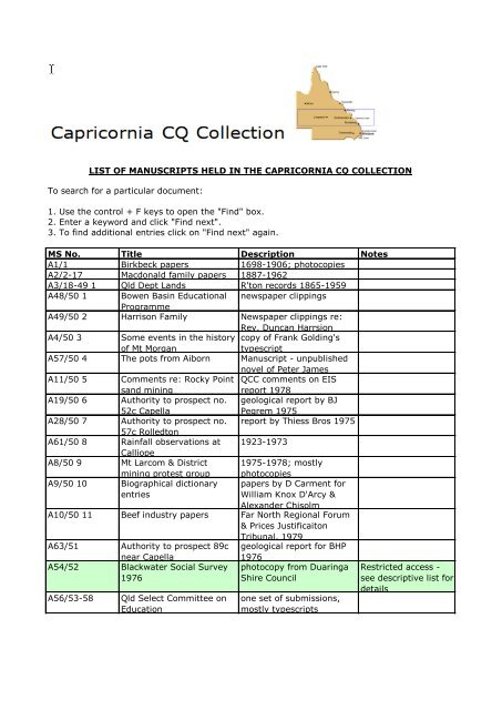 list of manuscripts held in the capricornia cq photo