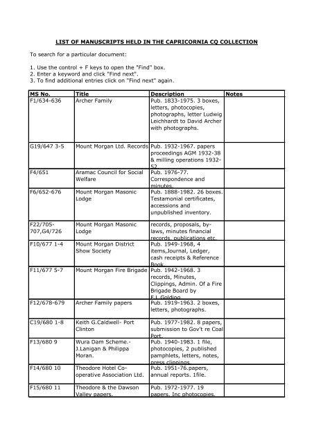 list of manuscripts held in the capricornia cq - Library