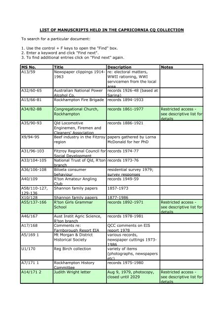 list of manuscripts held in the capricornia cq - Library