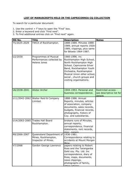 list of manuscripts held in the capricornia cq - Library