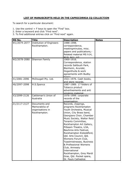 list of manuscripts held in the capricornia cq - Library