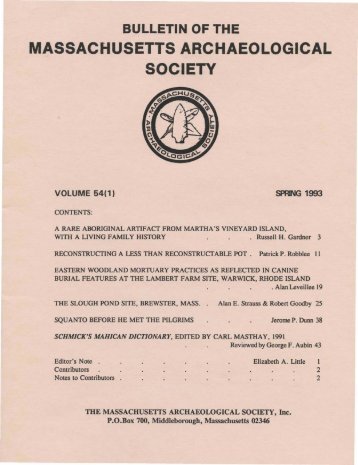 Bulletin of the Massachusetts Archaeological Society, Vol. 54, No. 1 ...