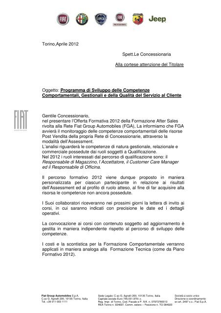 Torino,Aprile 2012 Spett.Le Concessionaria Alla cortese ...