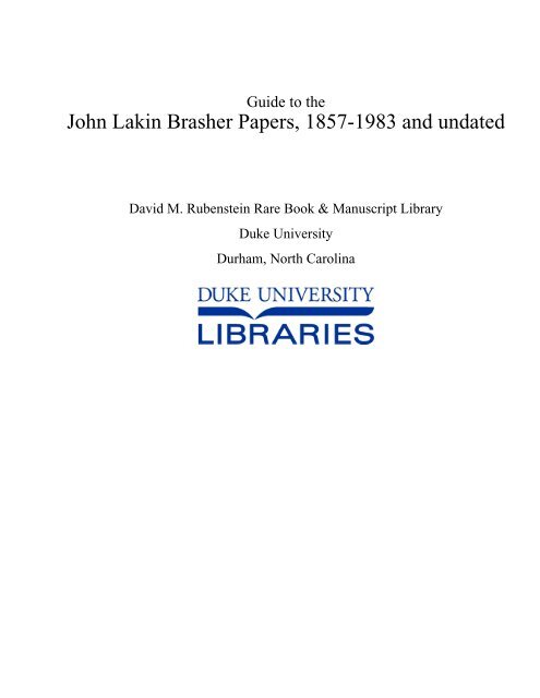 John Lakin Brasher Papers, 1857-1983 and undated