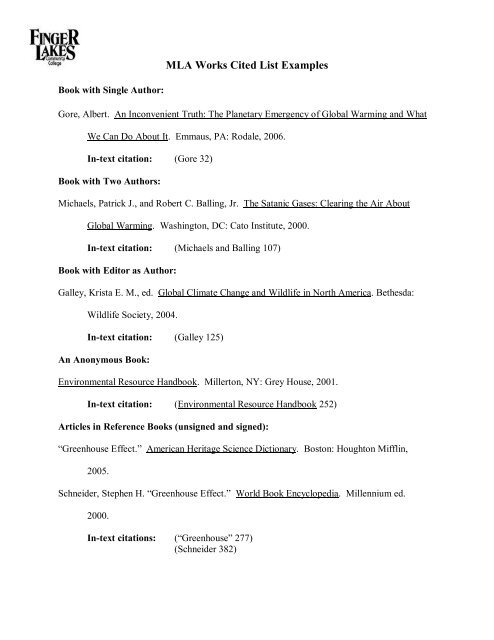 MLA Works Cited List Examples - Finger Lakes Community College