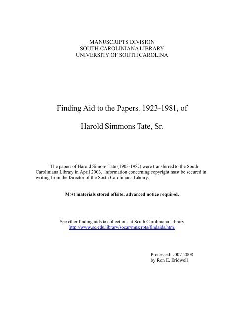Finding Aid to the Papers, 1923-1981, of Harold Simmons Tate, Sr.