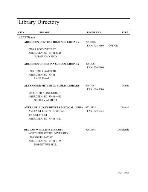 Library Directory - South Dakota State Library