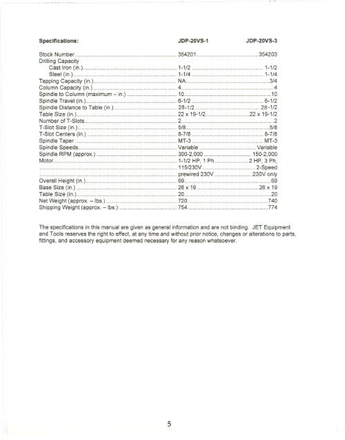 OPERATOR'S MANUAL - JET Tools