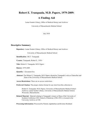 Robert E. Tranquada, M.D. Papers, 1979-2009: A Finding Aid