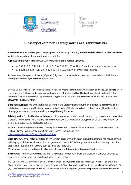 Library Glossary - Temporary Home Page - University of Sheffield