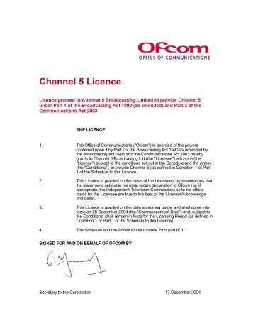 Channel 5 Licence - Ofcom Licensing