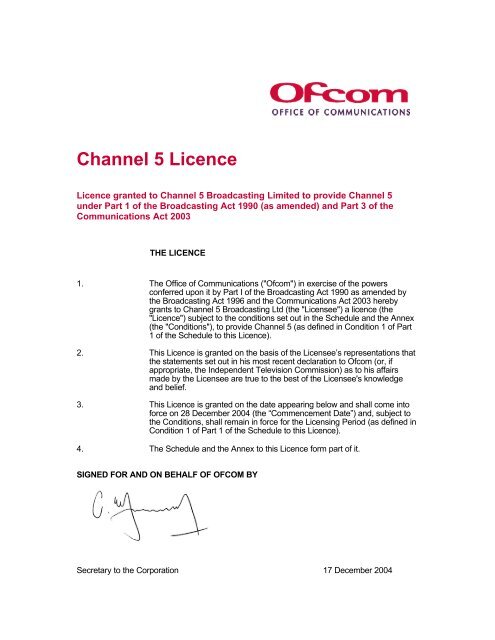 Channel 5 Licence - Ofcom Licensing