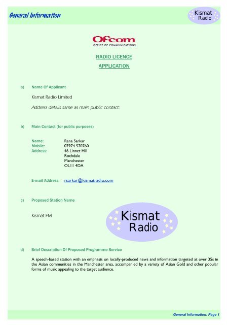 Kismat FM - Ofcom Licensing