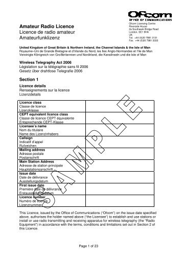 Lifetime Sample Amateur Radio Licence ... - Ofcom Licensing