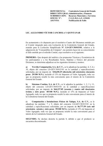 OFICIO NOTIFICACIÓN DE FALLO Contraloría General del Estado