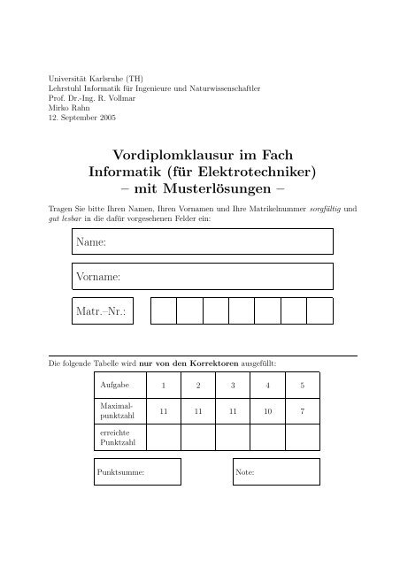 Vordiplomklausur im Fach Informatik (für Elektrotechniker) – mit ...