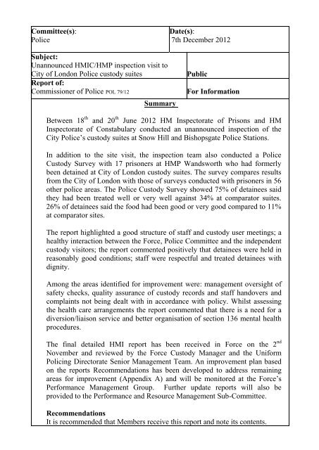 Inspection Of City Of London Police Custody Suites Pdf 238 Kb