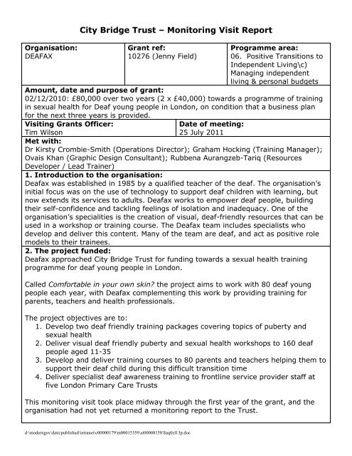 DEAFAX monitoring visit report - City of London - Meetings, agendas ...