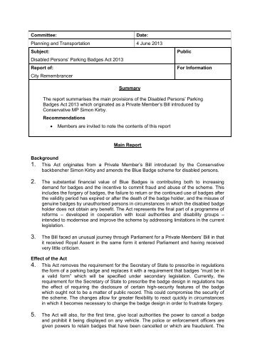 Disabled Persons Parking Badges Act 2013 PDF 85 KB