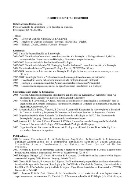 curriculum vitae abreviado - Sección Limnología - Facultad de ...