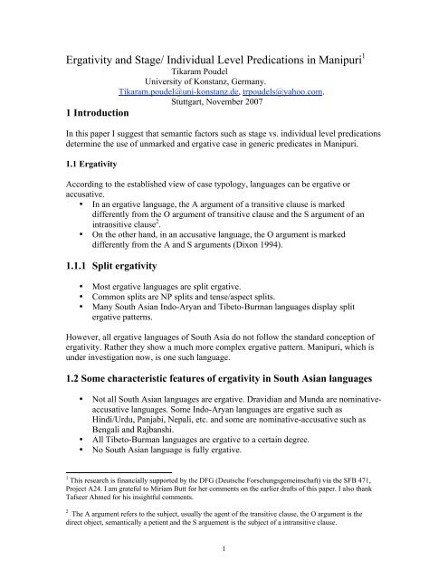 Ergativity And Stage Individual Level Predications In Manipuri