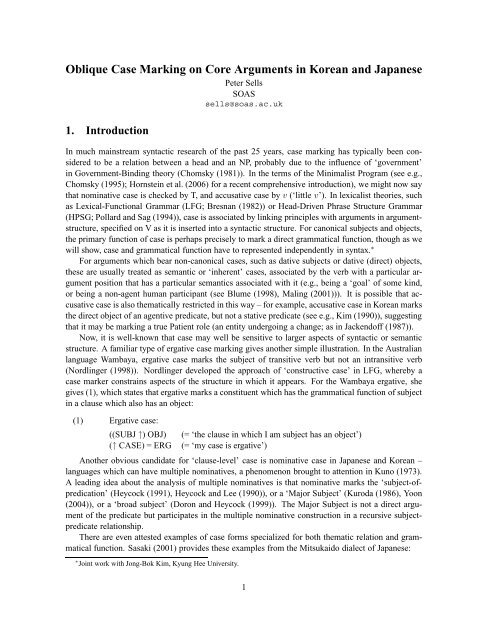 Oblique Case Marking On Core Arguments In Korean And Japanese Oblique Case Marking On Core Arguments In Korean And Japanese