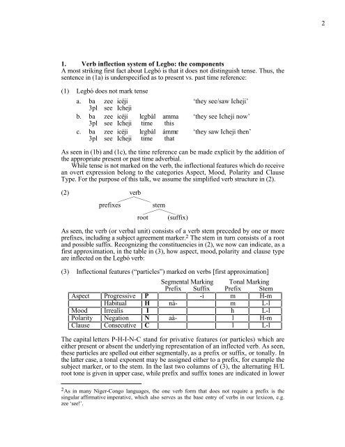 Legbo Verb Inflection: A Semantic and Phonological ... - Linguistics