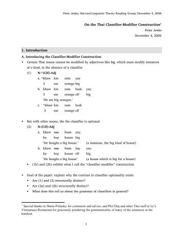 On the classifier-modifier construction in Thai. Handout ... - Linguistics