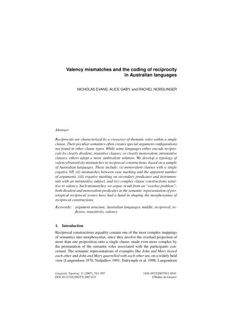 Valency mismatches and the coding of reciprocity in ... - Linguistics