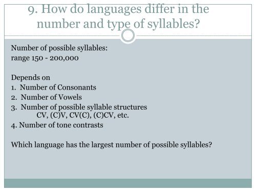 Syllables and Suprasegmental Features - Department of Linguistics ...