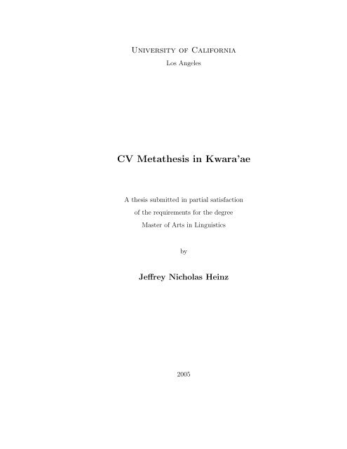 Cv Metathesis In Kwara Ae Ucla Department Of Linguistics