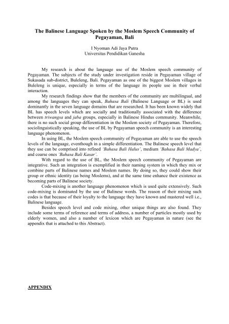 The Balinese Language Spoken By The Moslem Speech Community