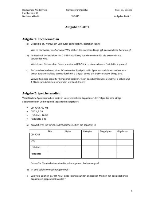 Aufgabenblatt 1 - Hochschule Niederrhein