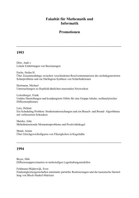 Fakultät für Mathematik und Informatik Promotionen 1993 ______