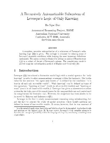 A Recursively Axiomatizable Subsystem of Levesque's Logic of Only ...