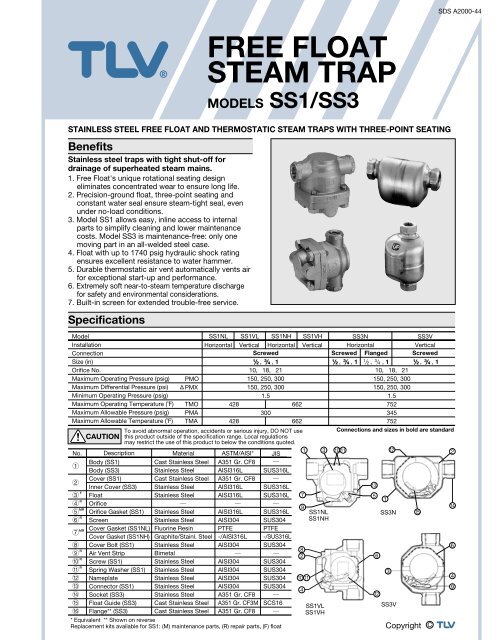 free float steam trap models ss1/ss3