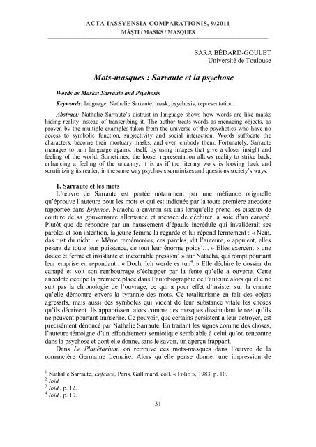 Mots-masques : Sarraute et la psychose - literaturacomparata.ro