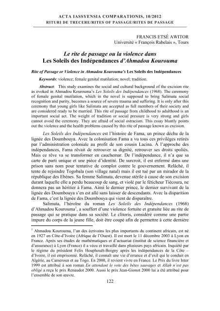 Le rite de passage ou la violence dans Les Soleils des ...