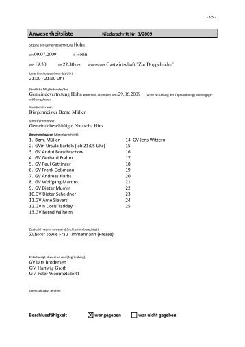 Anwesenheitsliste - Amt Hohner Harde