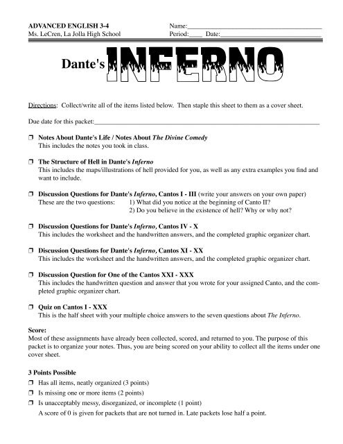 English worksheets: Dante´s Inferno - Worksheet for Great Books Video