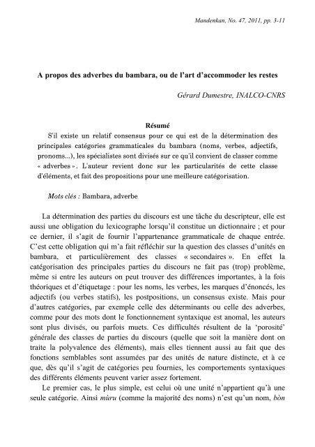 A propos des adverbes du bambara, ou de l'art d ... - Llacan - CNRS