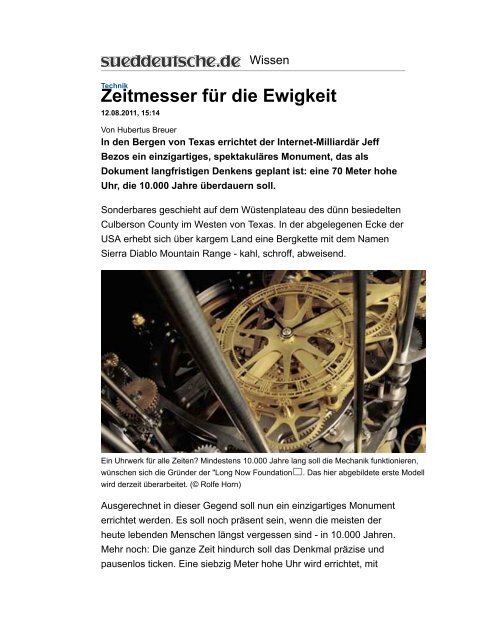 Technik - Zeitmesser für die Ewigkeit - Long Now Foundation