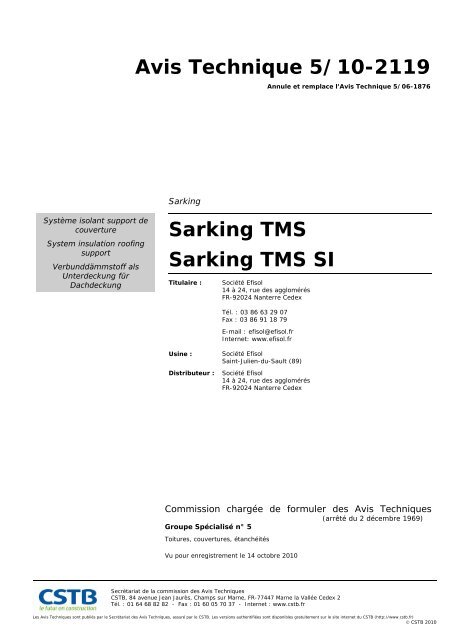 Avis Technique 5/10-2119 Sarking TMS Sarking TMS SI - Soprema