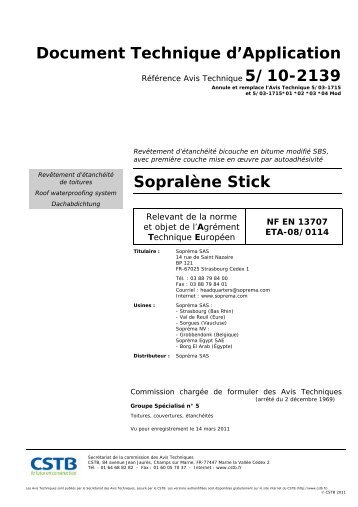 Document Technique d'Application Sopralène Stick - Soprema