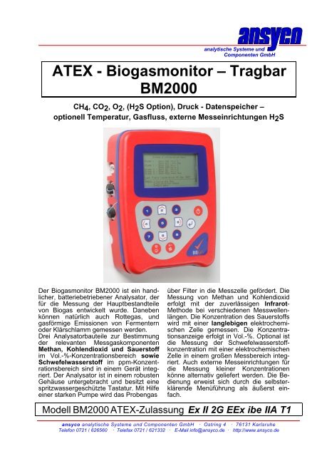 ATEX - Biogasmonitor â Tragbar BM2000 - ANSYCO Analytische ...