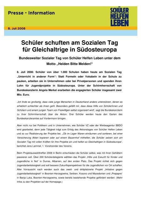 Schüler Helfen Leben - Sozialer Tag 2008, 8. Juli