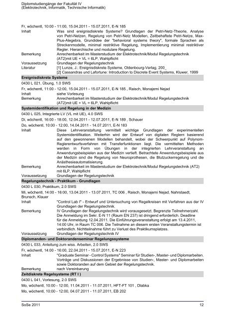 Diplomstudiengänge der Fakultät IV (Elektrotechnik ... - TU Berlin
