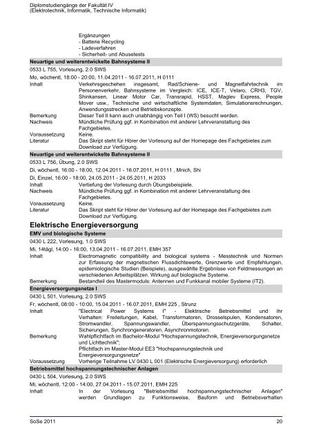 Diplomstudiengänge der Fakultät IV (Elektrotechnik ... - TU Berlin